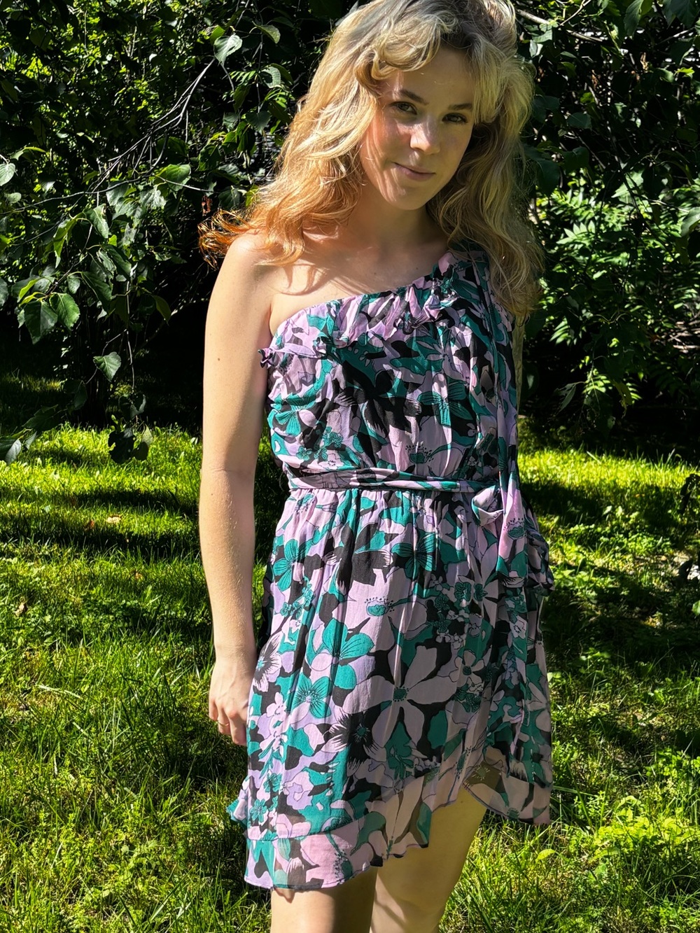 For Love & Lemons One-Shoulder Floral Dress in Lavender, Green, and Black